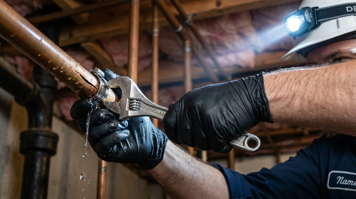 Emergency pipe clamp repair being performed by a Johns Plumbing LLC plumber in Caledonia