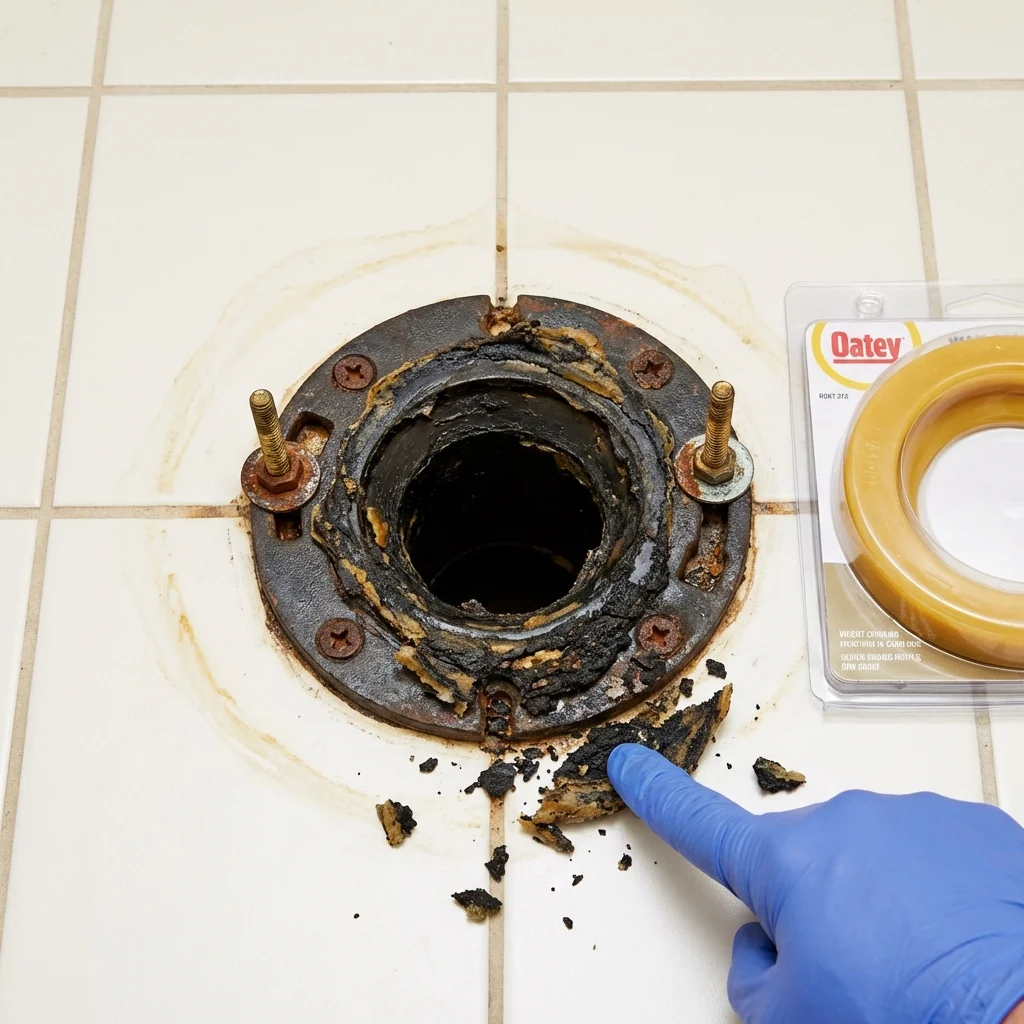 Failed wax ring showing water seepage at the base of a toilet in a Caledonia, MN home