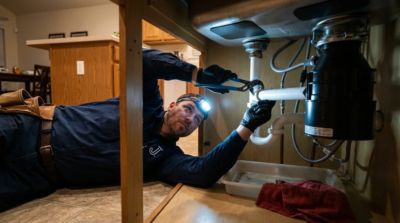 P-trap and supply line connections under a kitchen sink showing a common leak point in Caledonia, MN